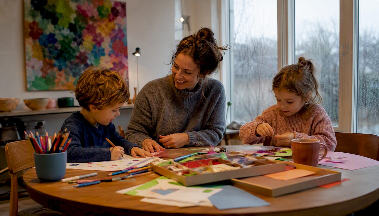 Op een druilerige dag zitten de kinderen gezellig binnen te knutselen.