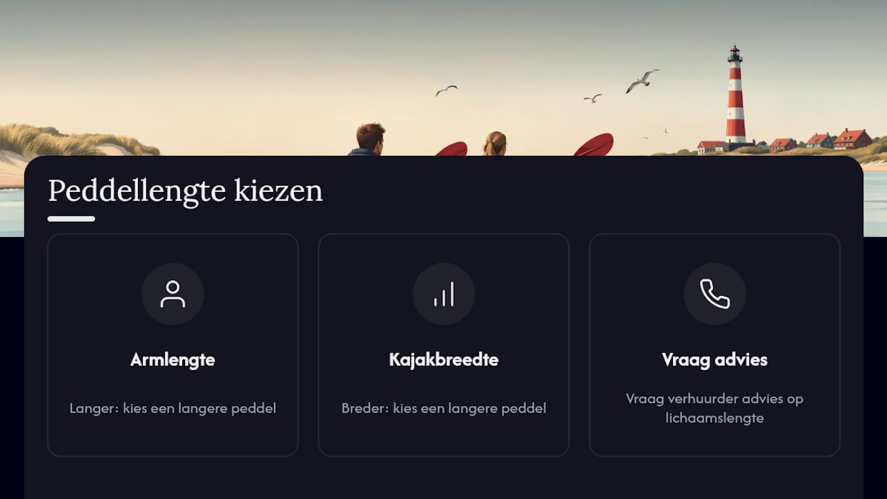 Overzichtsschema waarin de lengte van kajakpeddels wordt afgezet tegen de spanwijdte van de armen en de breedte van de kajak.