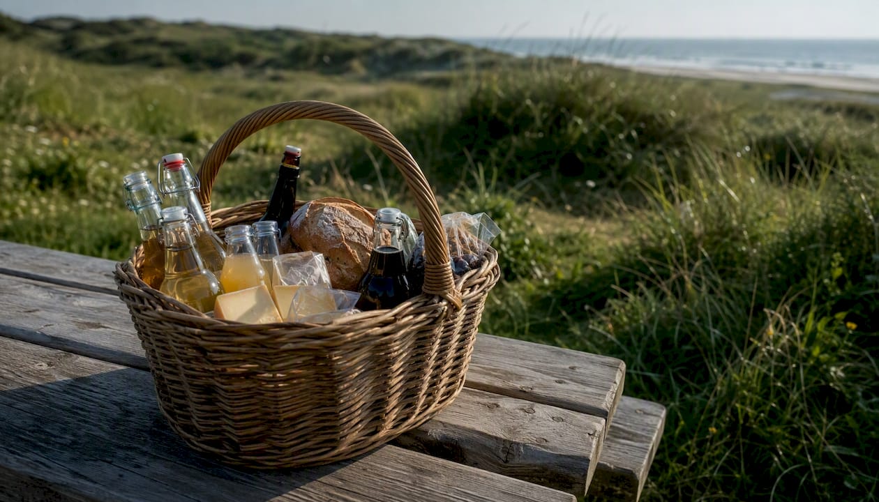 Genieten van een goedgevulde picknickmand met streekproducten en lokale drankjes, lekker op het strand of in de duinen.