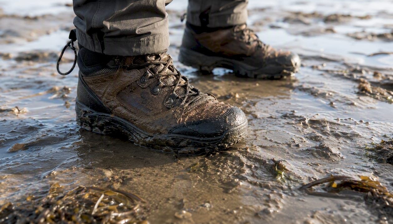Waterdichte schoenen die stevig hun weg zoeken door het slik van het Wad