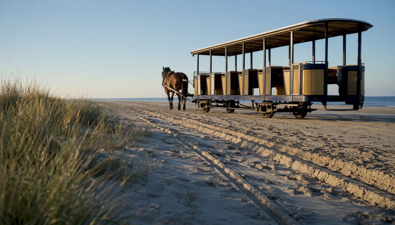 De sporen van paard en wagen zijn nog goed zichtbaar op het strand van Ameland.