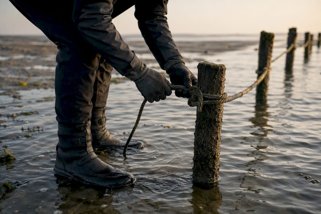 Een vrijwilliger trekt het slik in, voorzien van waadlaarzen en handschoenen.