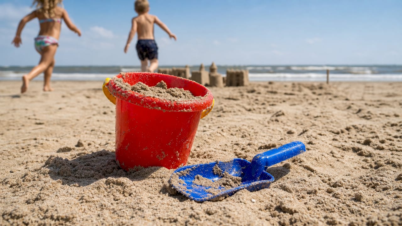 Speelgoed van kinderen in het zand op het Wad, van dichtbij gefotografeerd