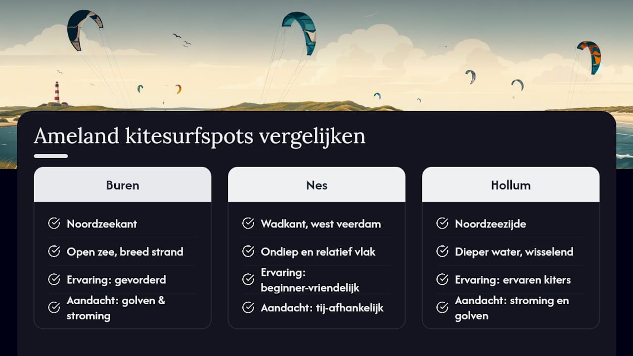 Drie kitesurfplekken op Ameland vergeleken