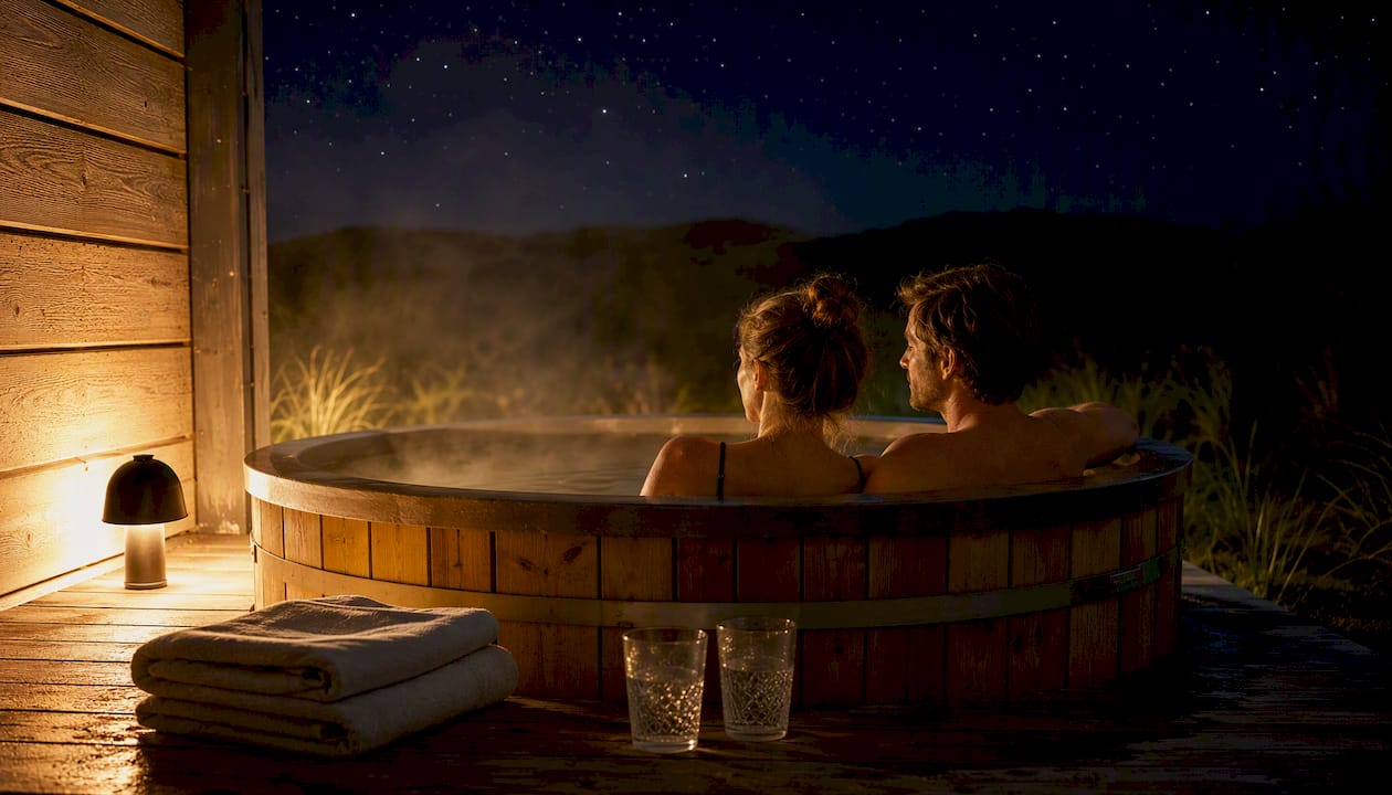 Privé hottub op een beschut terras onder de sterrenhemel