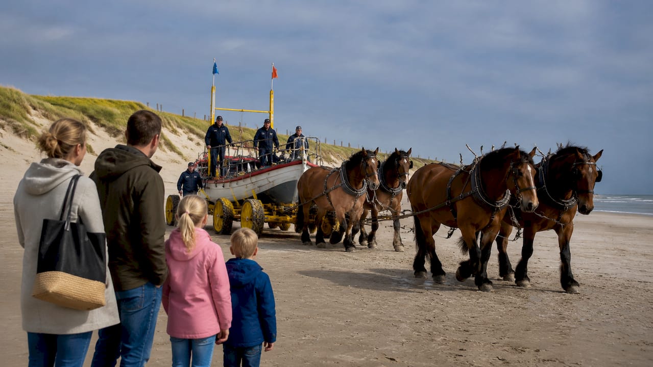 Gezin kijkt naar demonstratie van paardenreddingboot