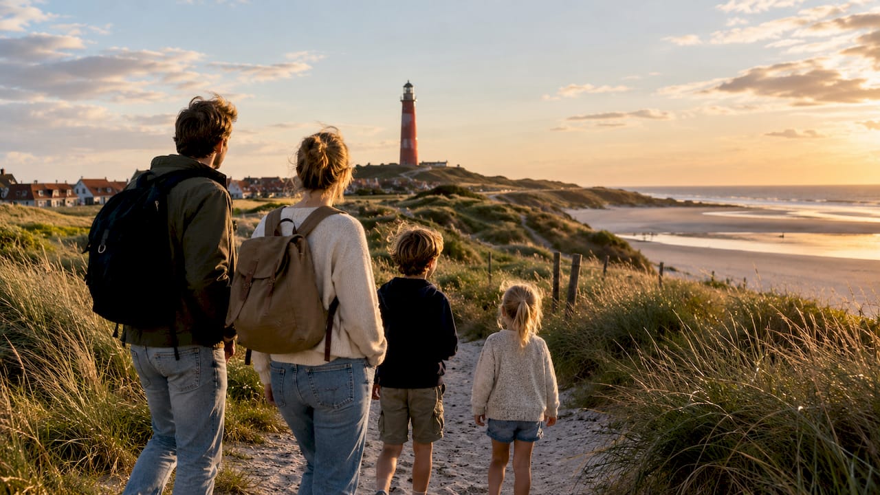 Gezin kijkt naar de vuurtoren bij Hollum