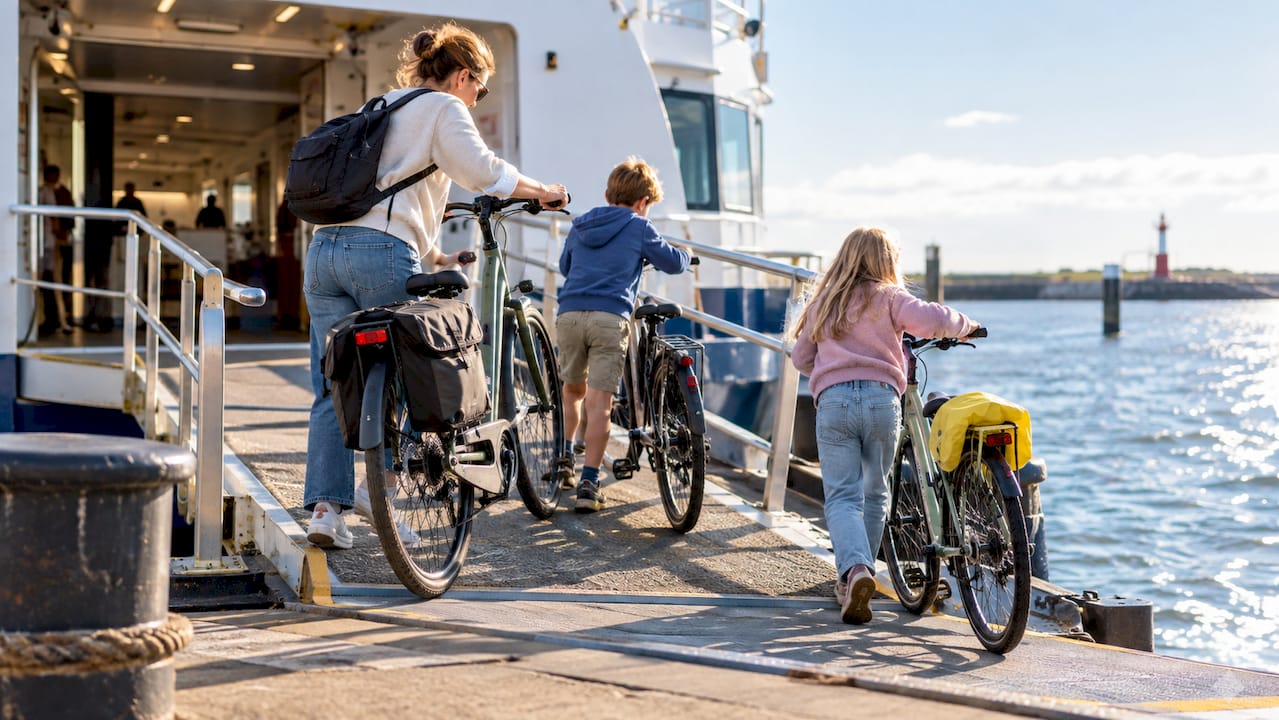 Gezin laadt fietsen in op de veerboot