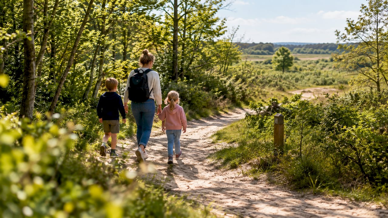 Gezin maakt een wandeling door De Vleijen bij Nes