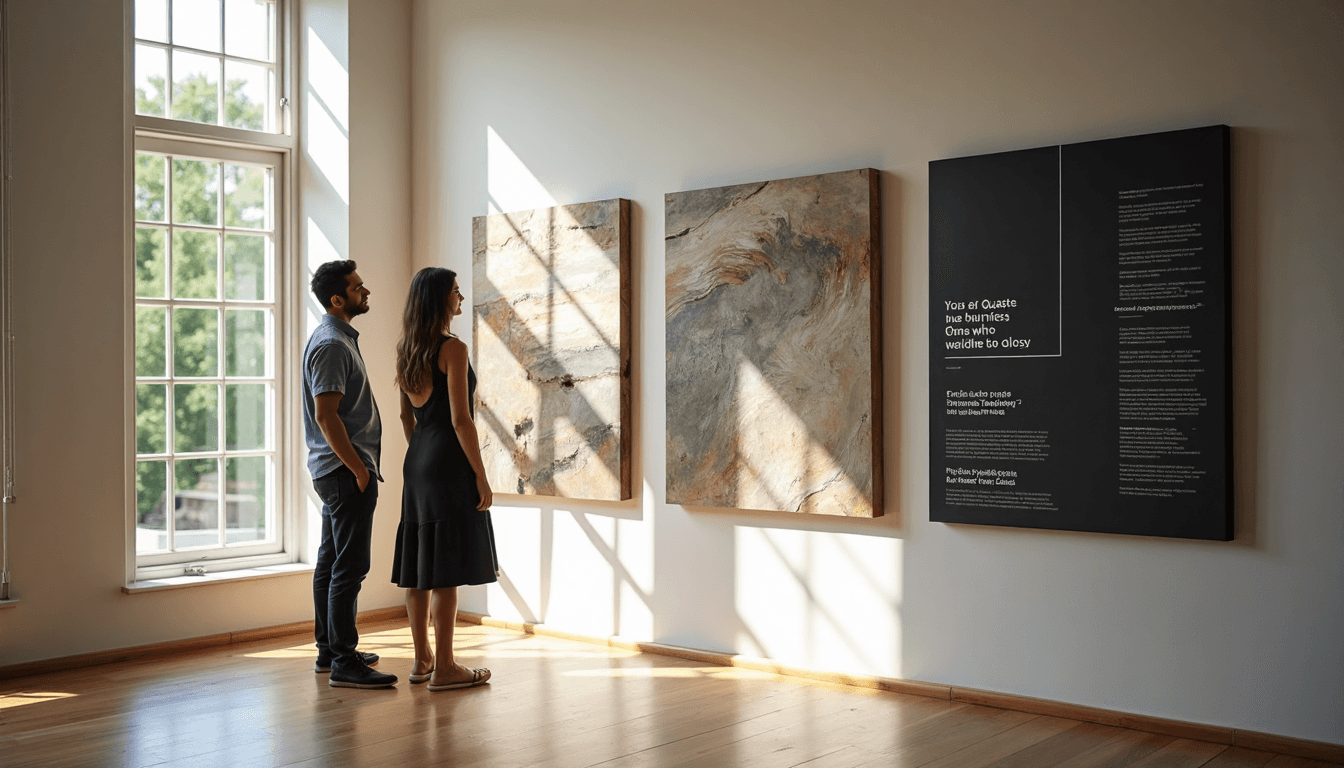 People in art gallery viewing canvas and photo print wall display