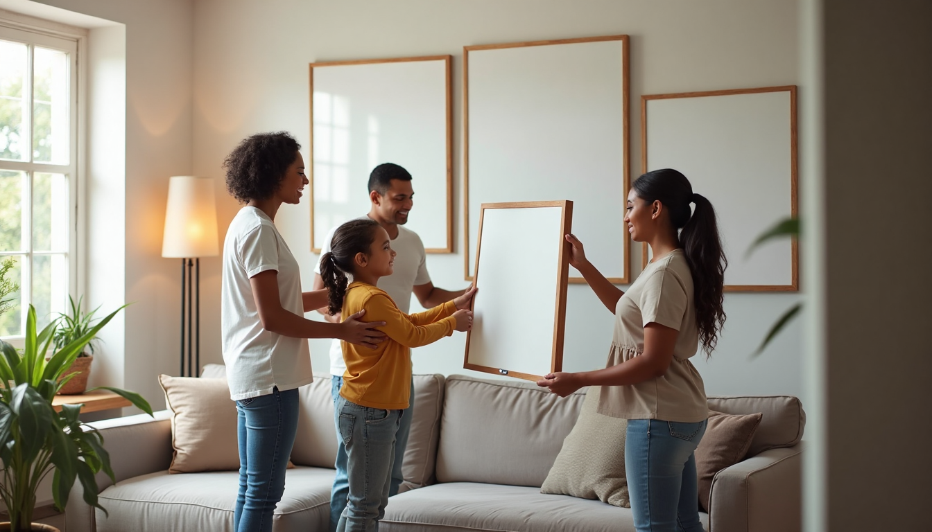 Family collaborating to arrange canvas prints on living room wall