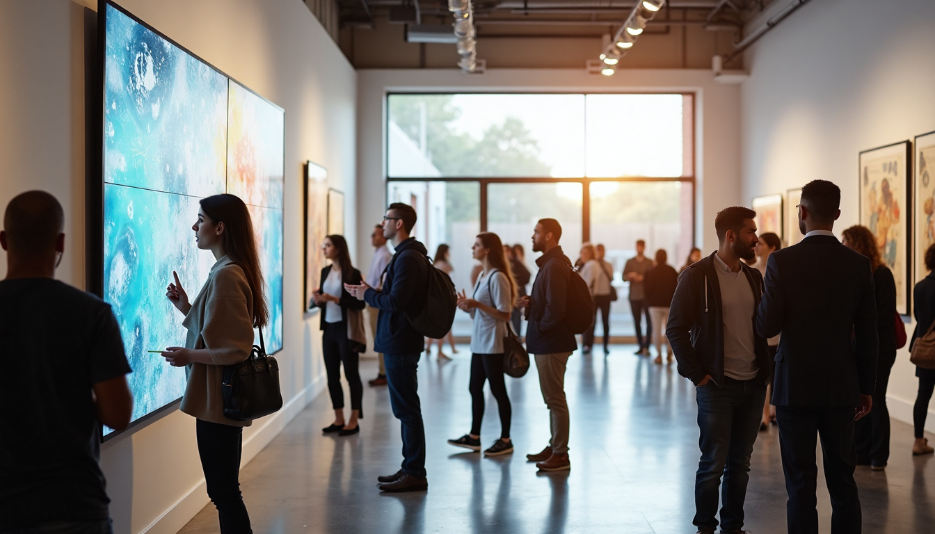 Visitors explore immersive abstract art in bright city gallery