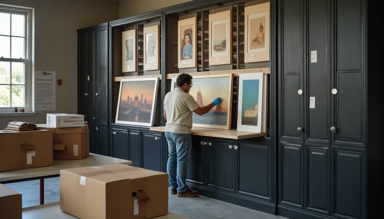 Conservator inspecting painting in organized art storage facility