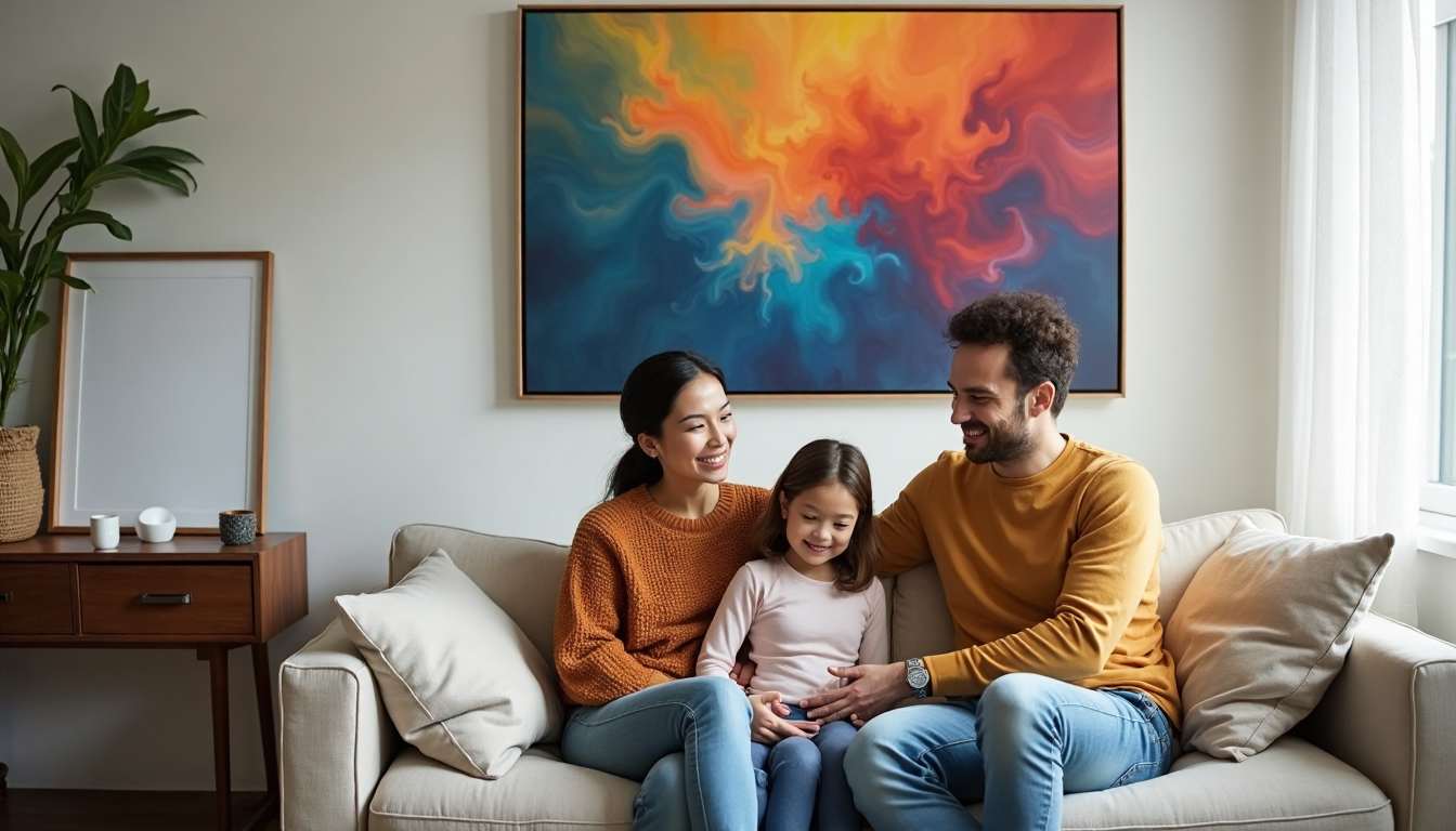 Family admiring canvas art in sunlit living room