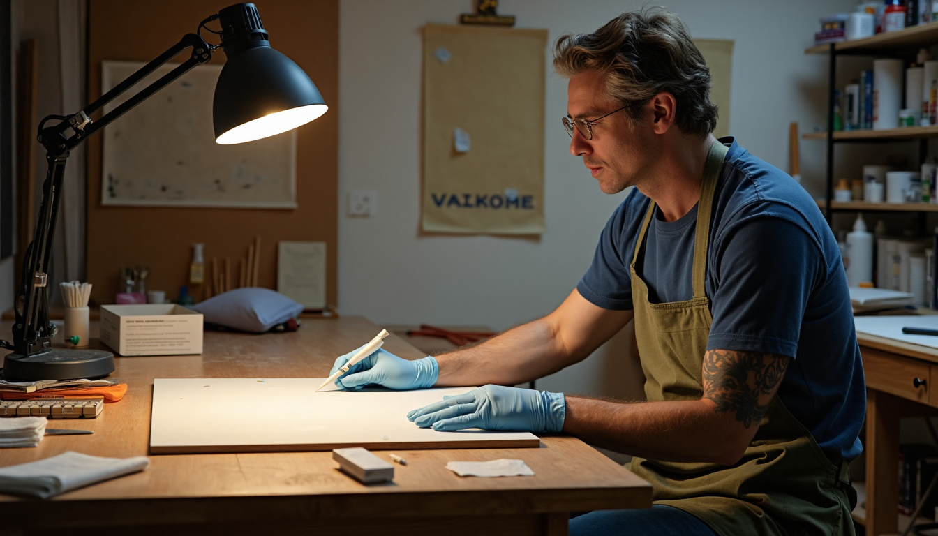 Conservator handling canvas painting in organized studio