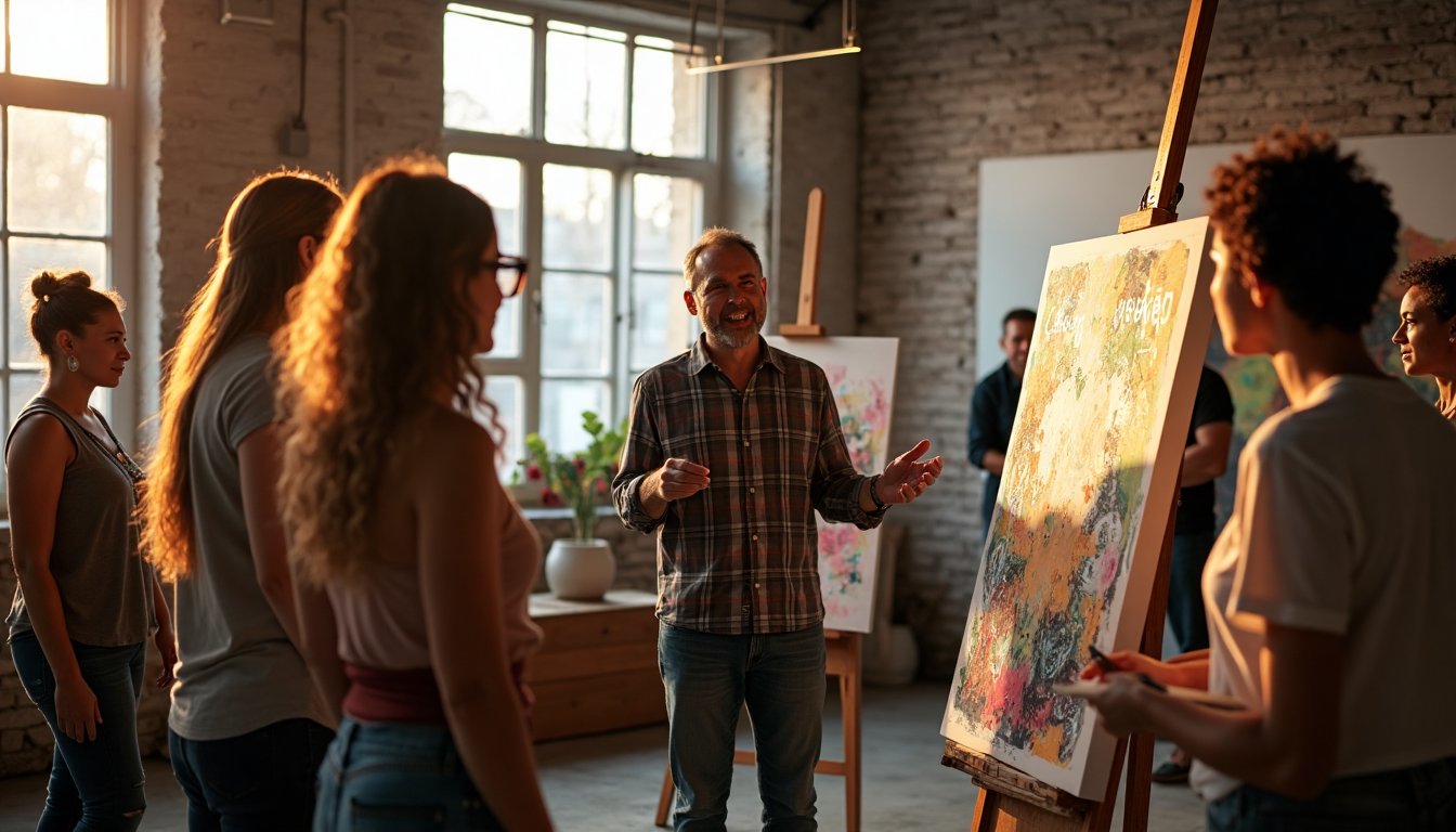 Artist discusses expressive painting with group in studio