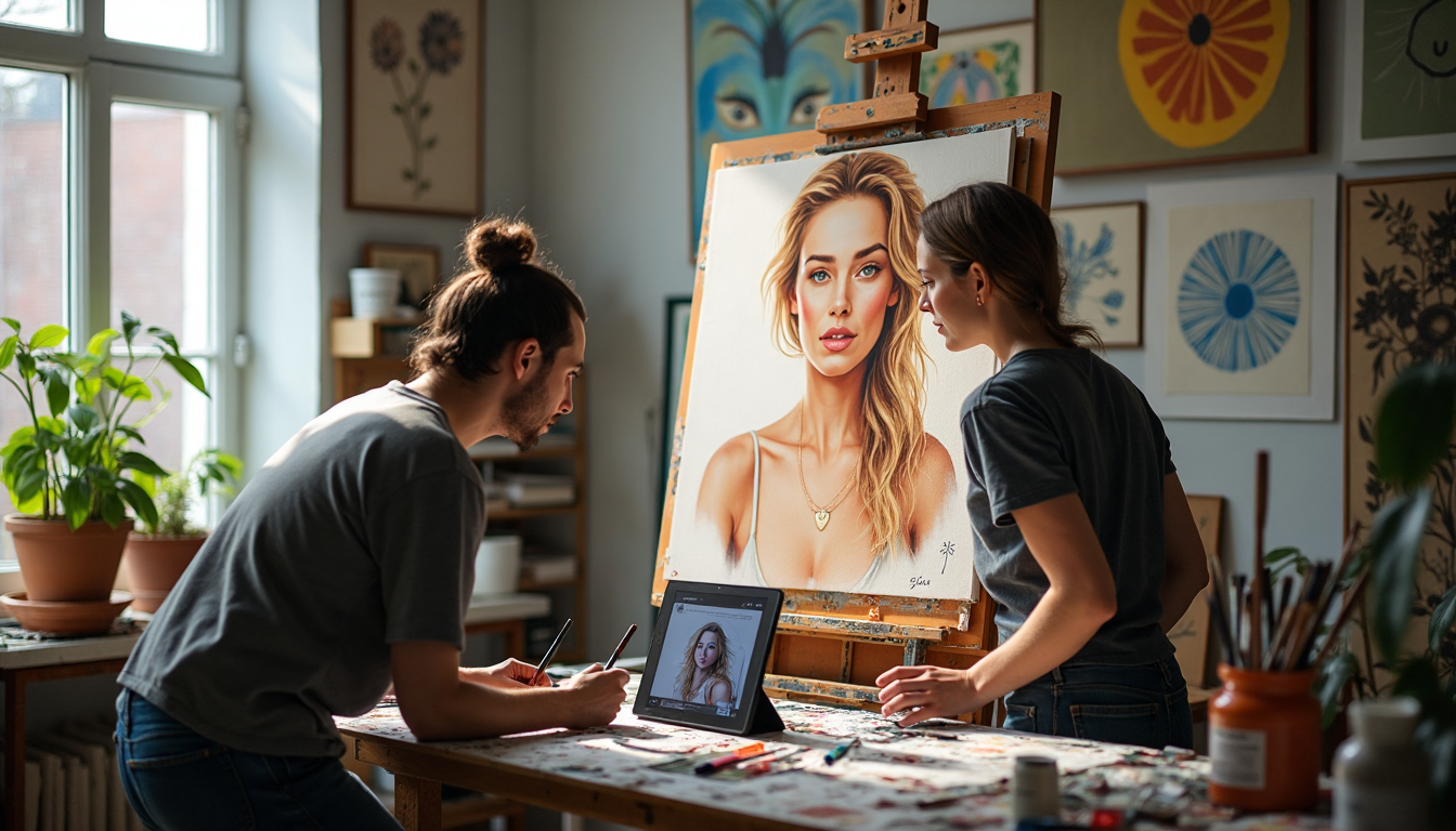 Artists painting abstract portrait in modern studio with Abstract Trends on tablet