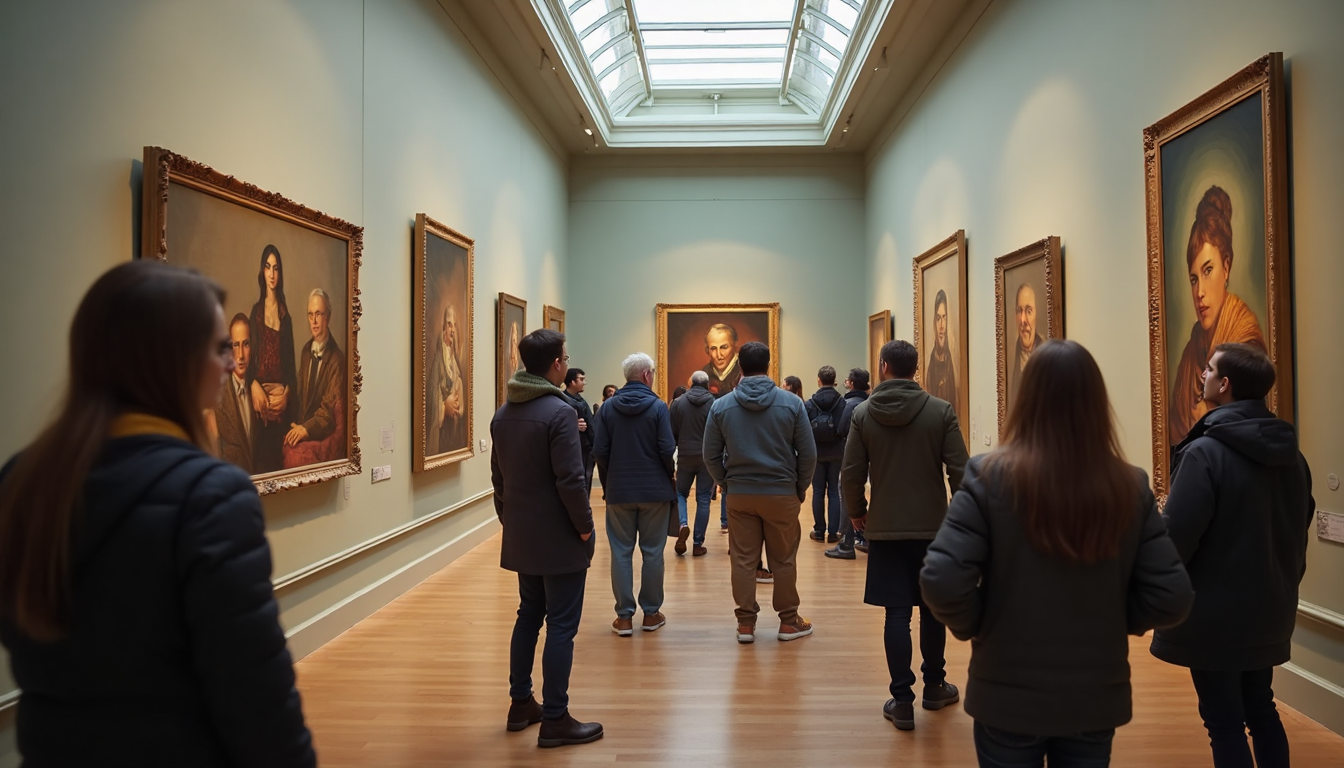 Art gallery with visitors viewing portrait paintings and Art History banner