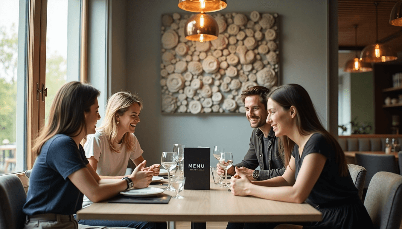 Three people discuss 3D canvas art in bright dining space