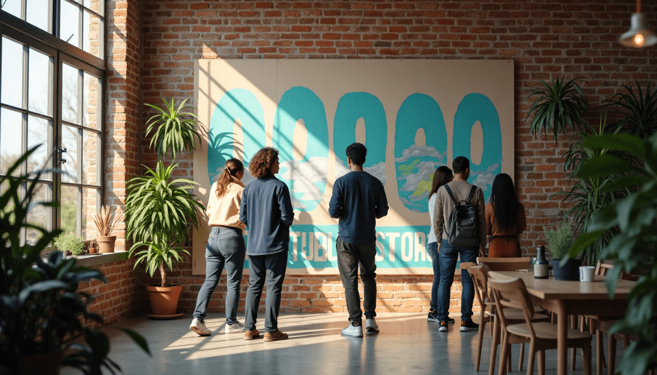 Group collaborating on social activism mural in bright meeting room