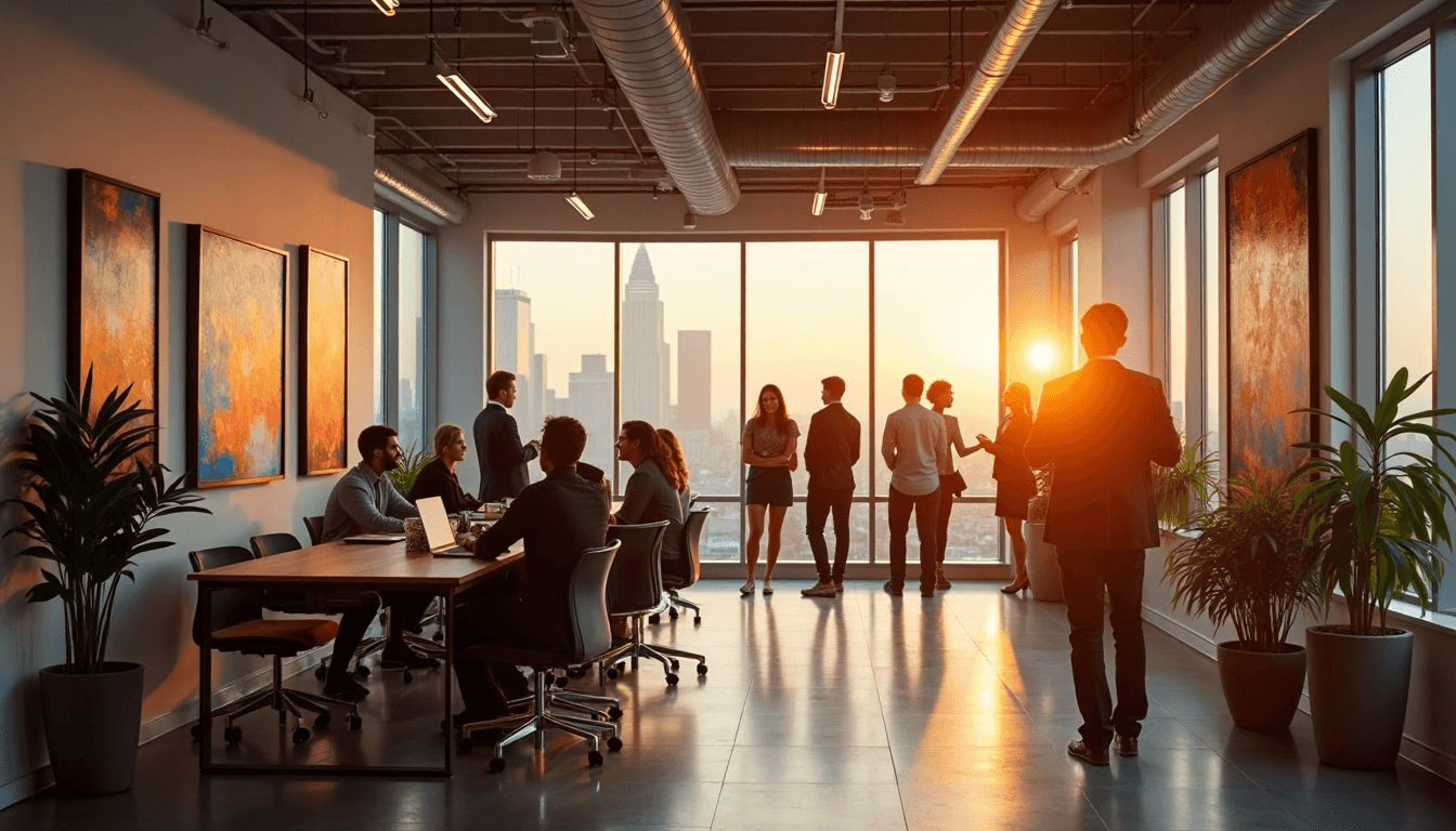 Modern office with art and natural light, people collaborating
