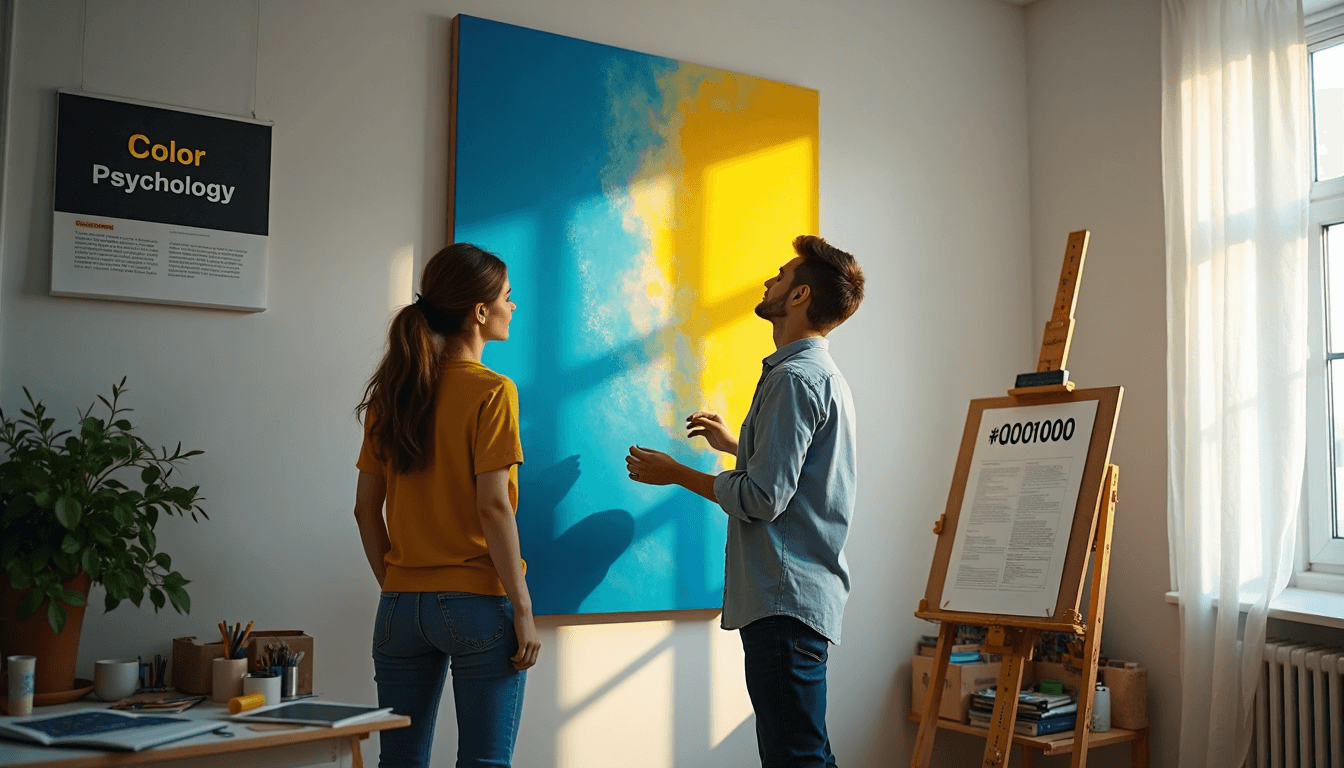 Designer arranging abstract painting in natural-lit studio
