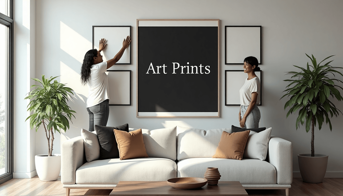 Modern living room with people arranging framed art prints