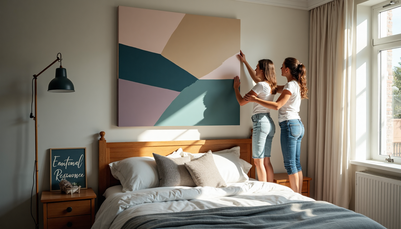 People hanging colorful canvas art above bed, 'Emotional Resonance' on placard