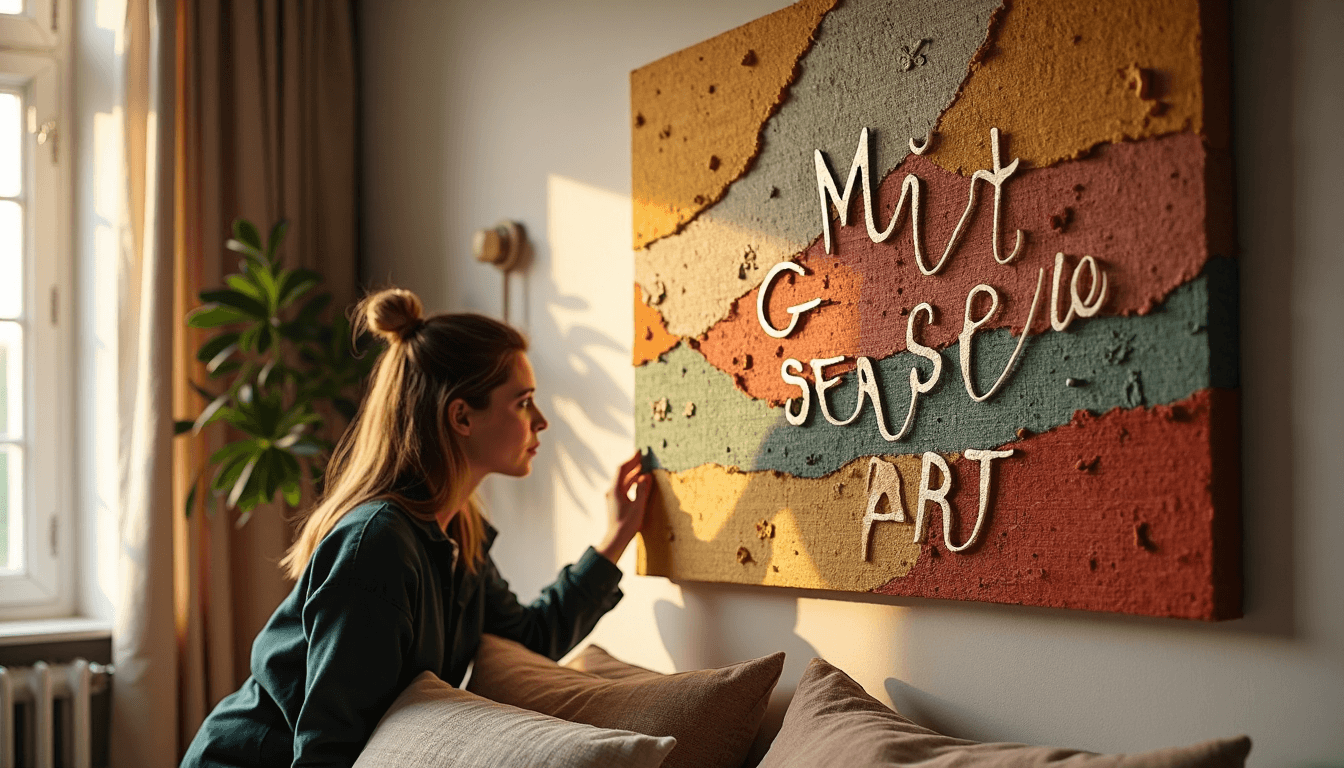 Person interacting with dimensional art in cozy bedroom