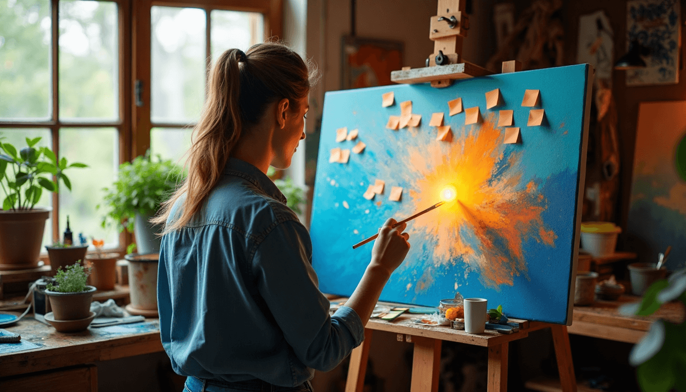 Artist painting in serene studio with 'Personal Connection' notes