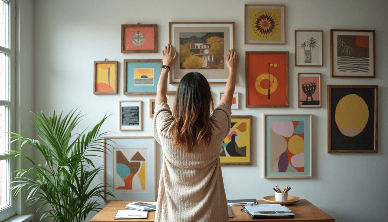 Person arranging gallery wall in home, subtle personal sanctuary text visible.