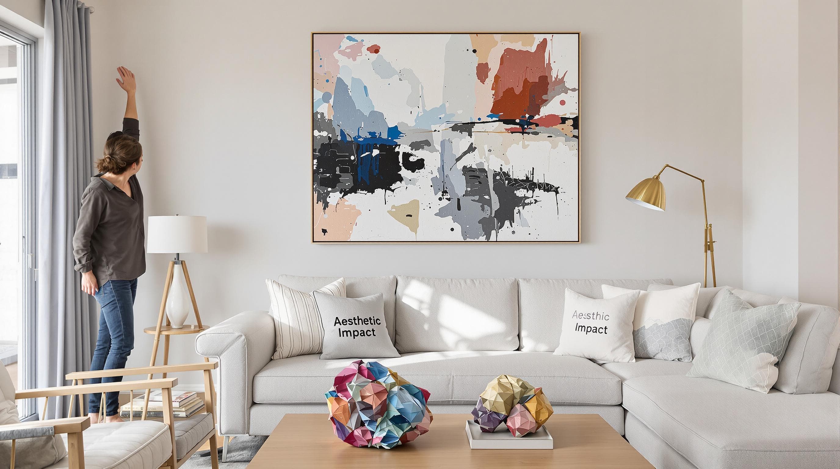 Arranging living room with modern painting and contemporary sculpture
