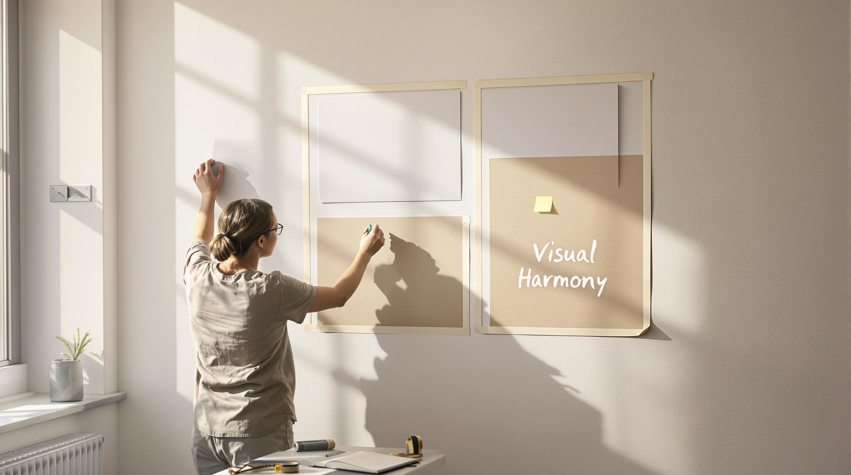 Decorator measuring and taping canvas sizes on home wall for art planning