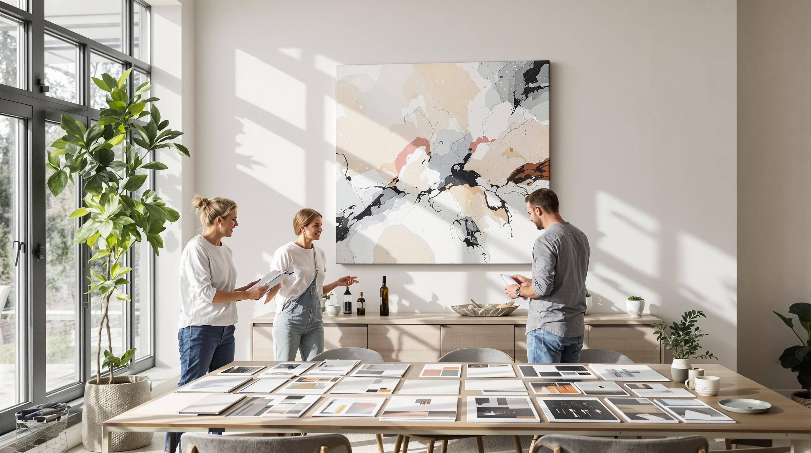 Modern living room with designer and homeowner choosing large canvas art