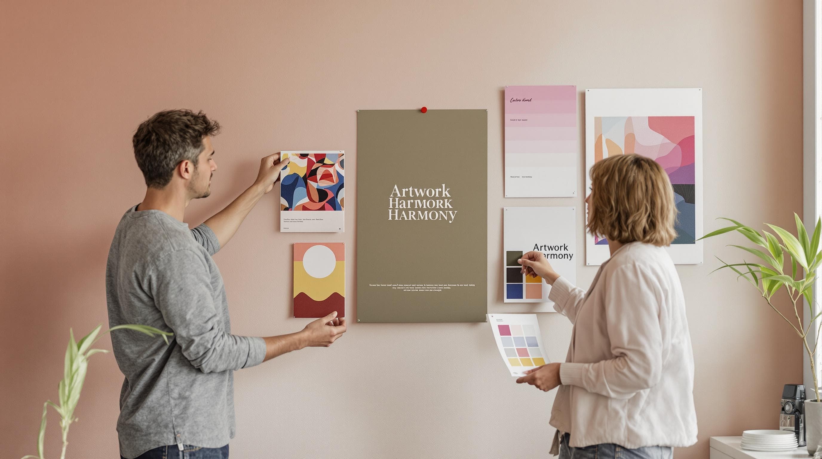 People selecting and placing prints for artwork harmony in living space