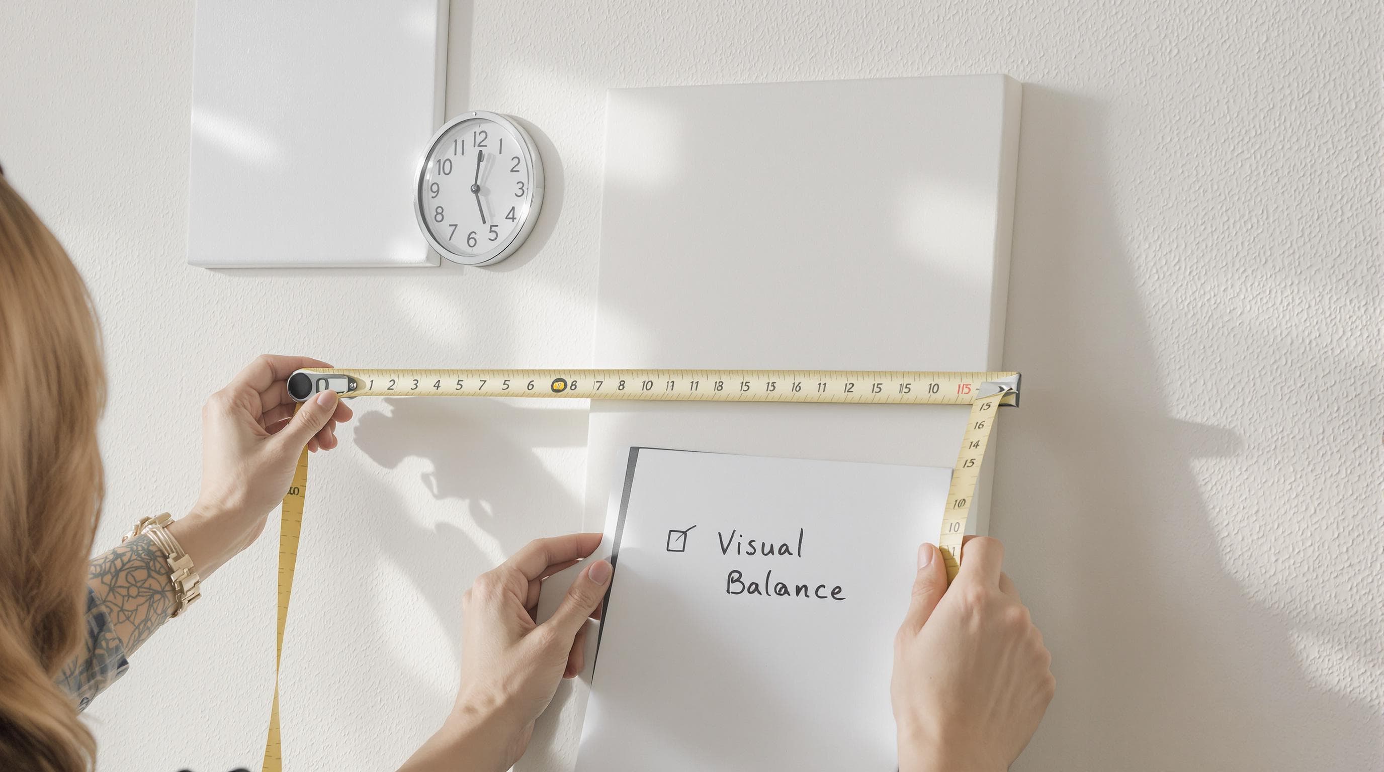 Homeowner measuring and hanging canvas and art print for visual wall balance