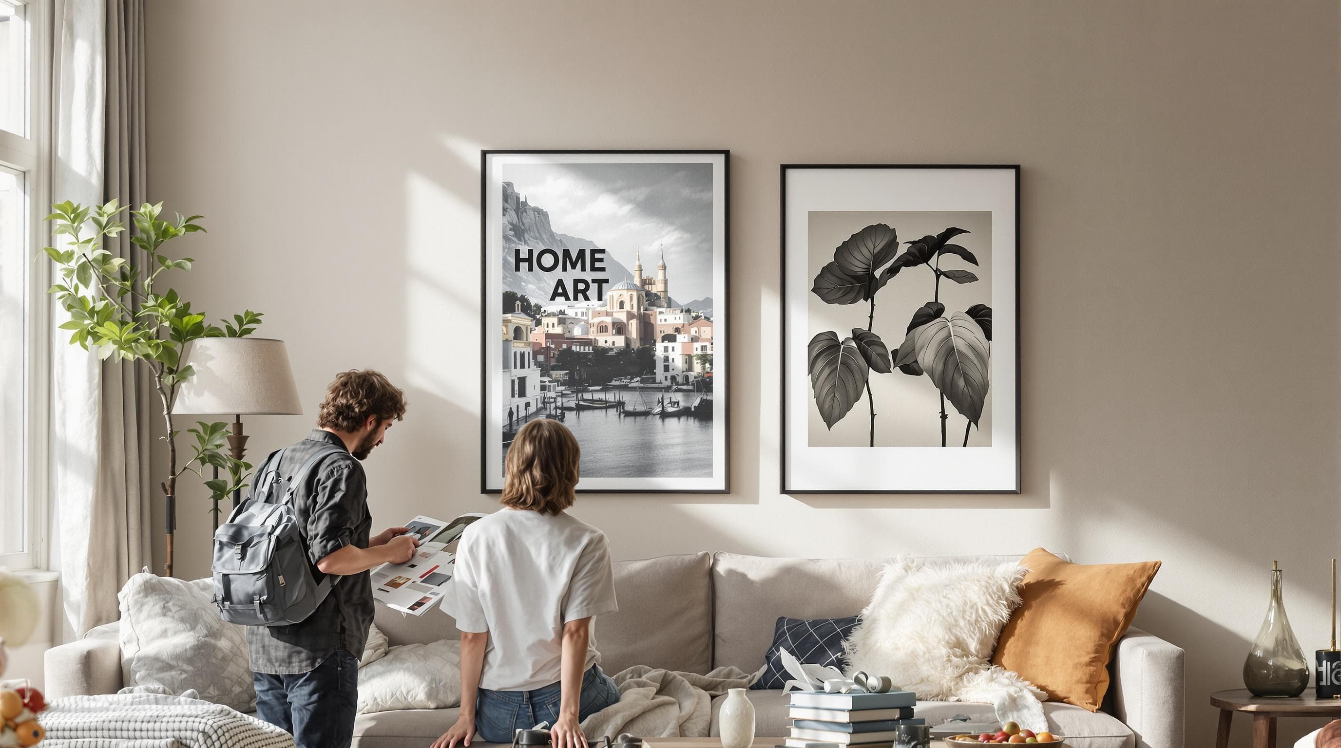 Couple analyzing canvas and art prints in a modern living room, evaluating wall art options