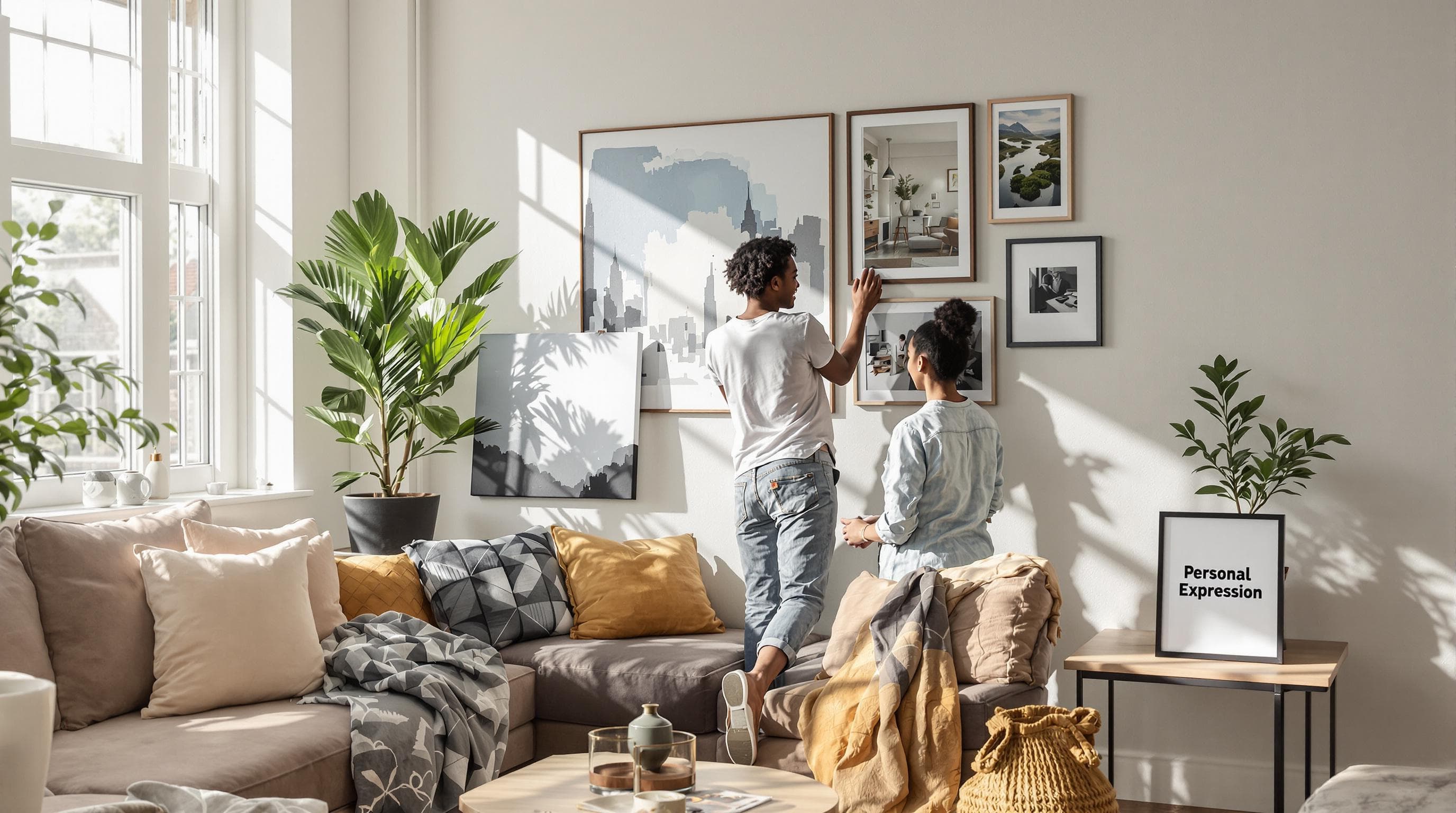 People hanging art at home, blending personal and modern styles, with 'Personal Expression' sign