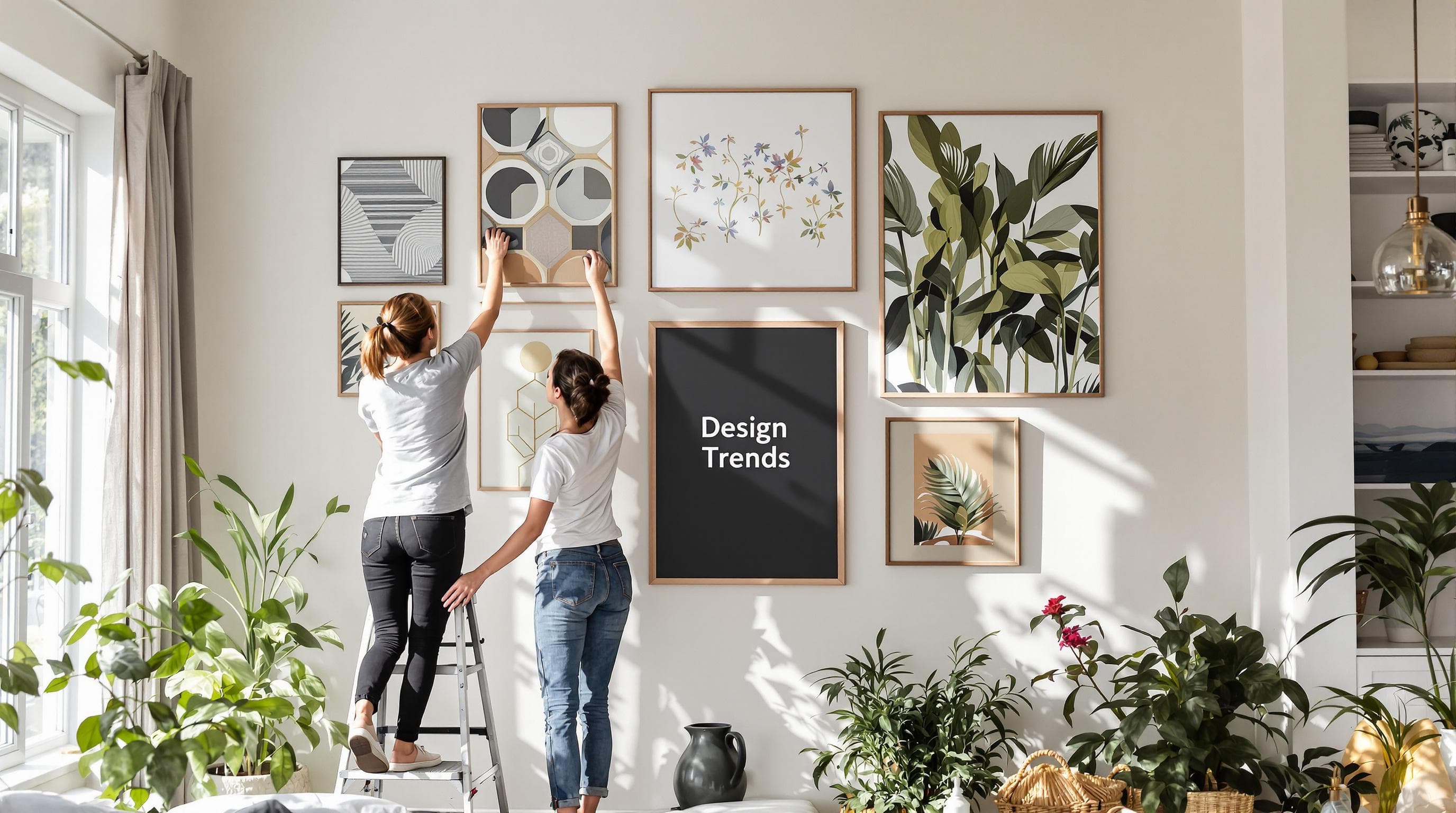 Gallery wall with trendy canvas prints in modern home interior