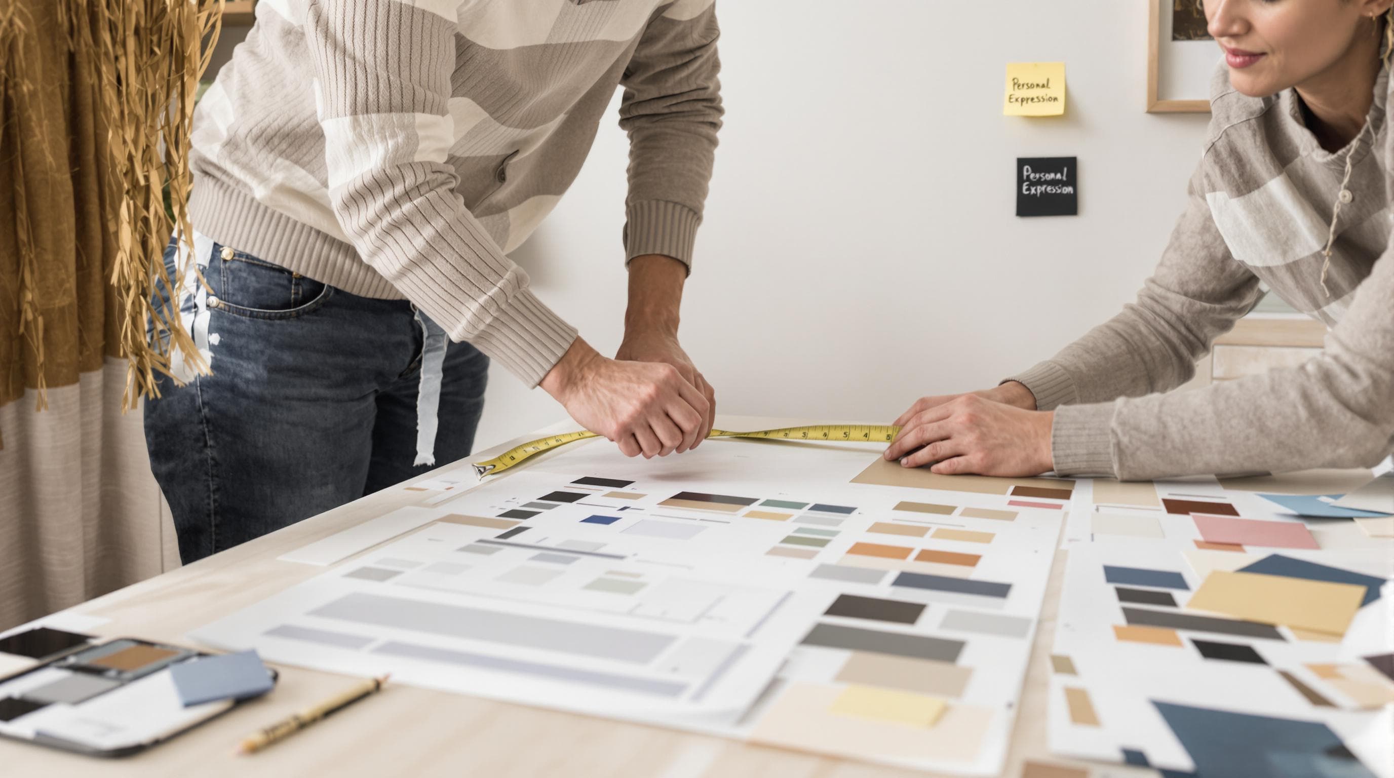 People measuring a home wall and arranging samples, 'Personal Expression' on a note