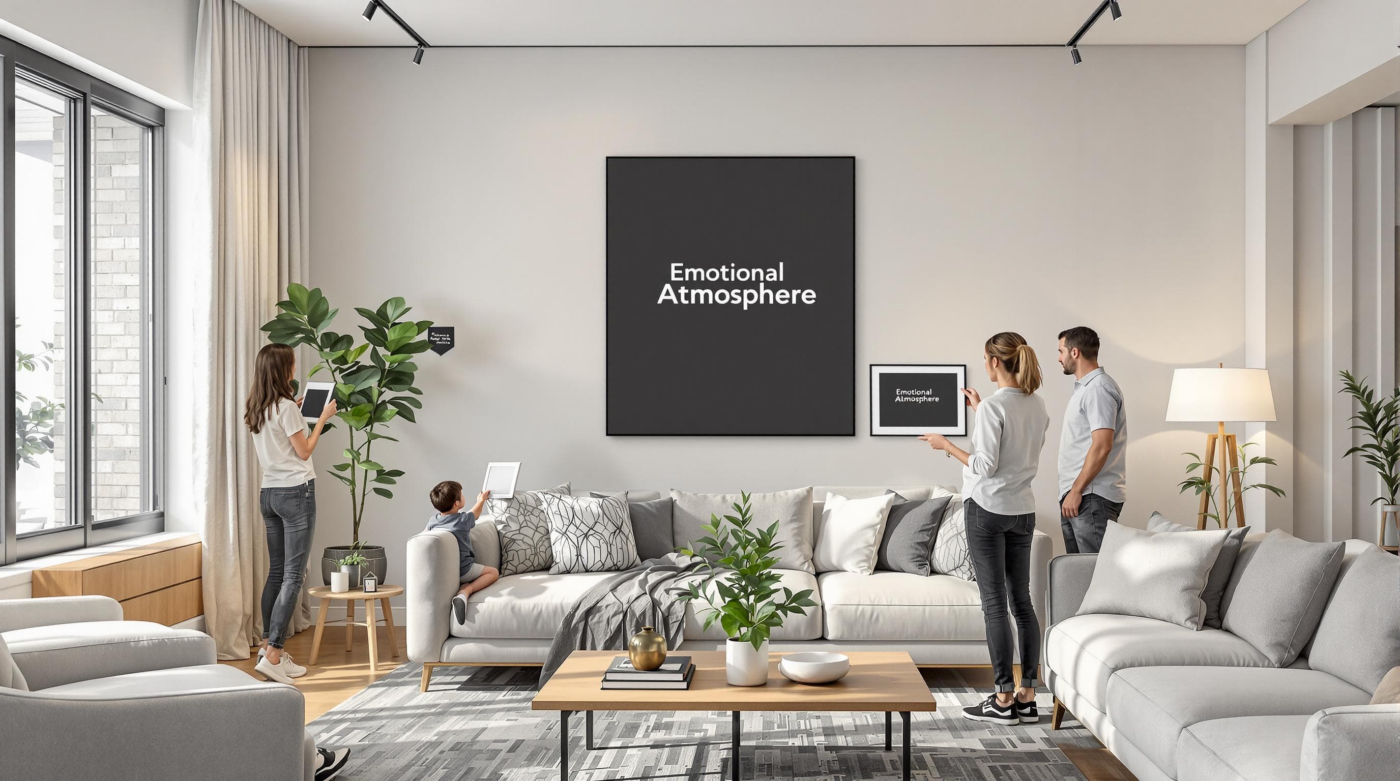 Modern living room with people selecting art, 'Emotional Atmosphere' on wall banner