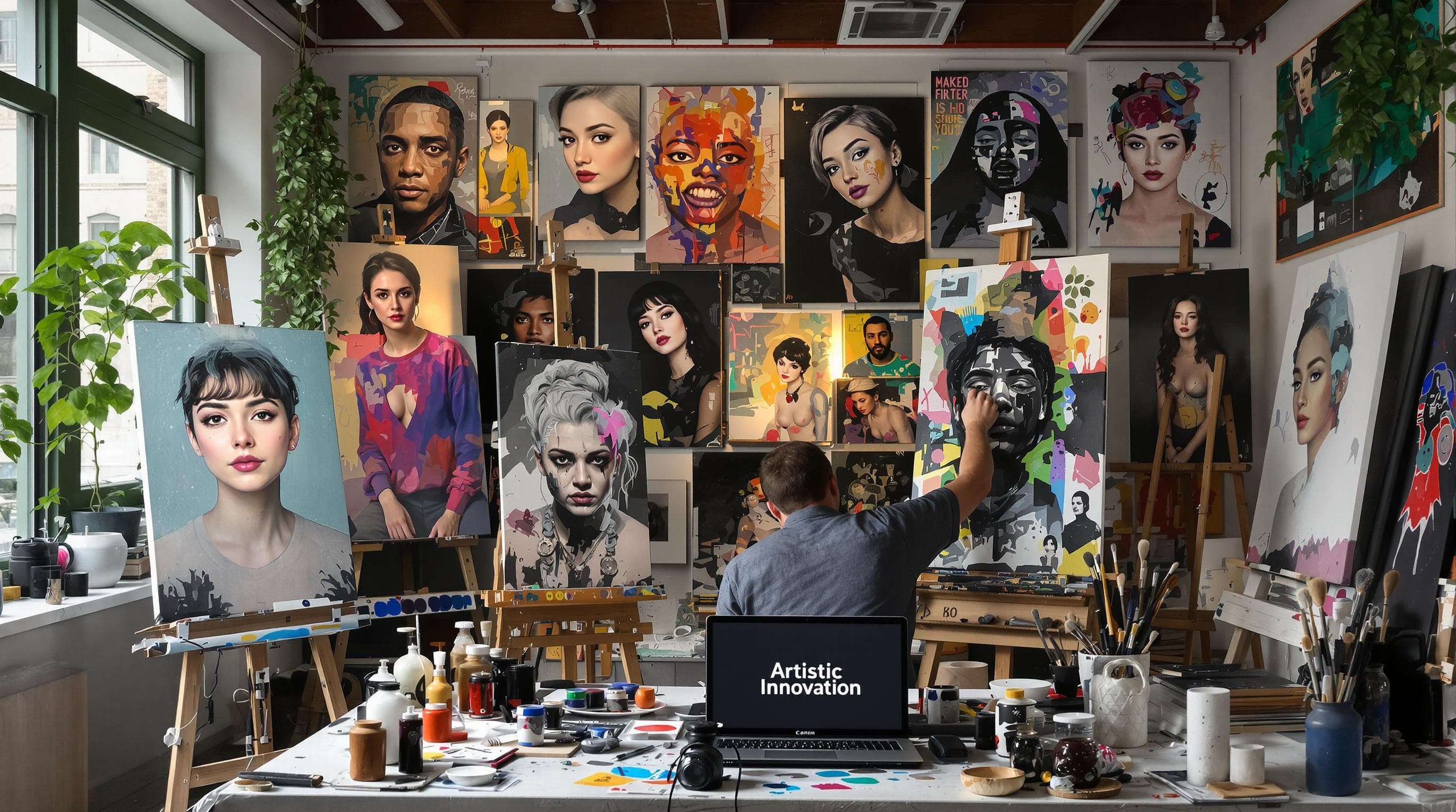 Artist in studio creating emerging portrait styles with digital and traditional tools