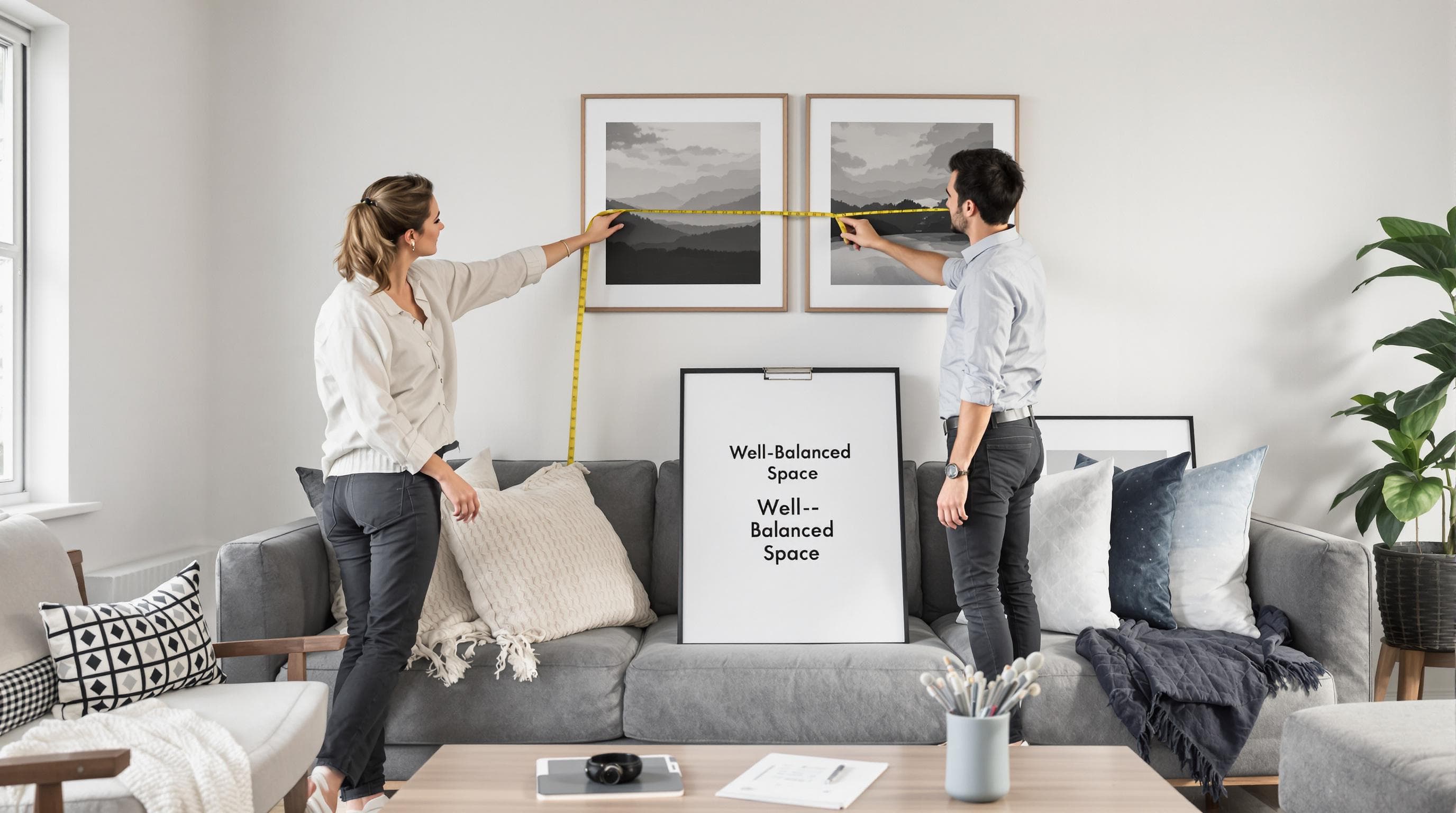 Designer and client measure space above sofa to place art, showing art proportion principles