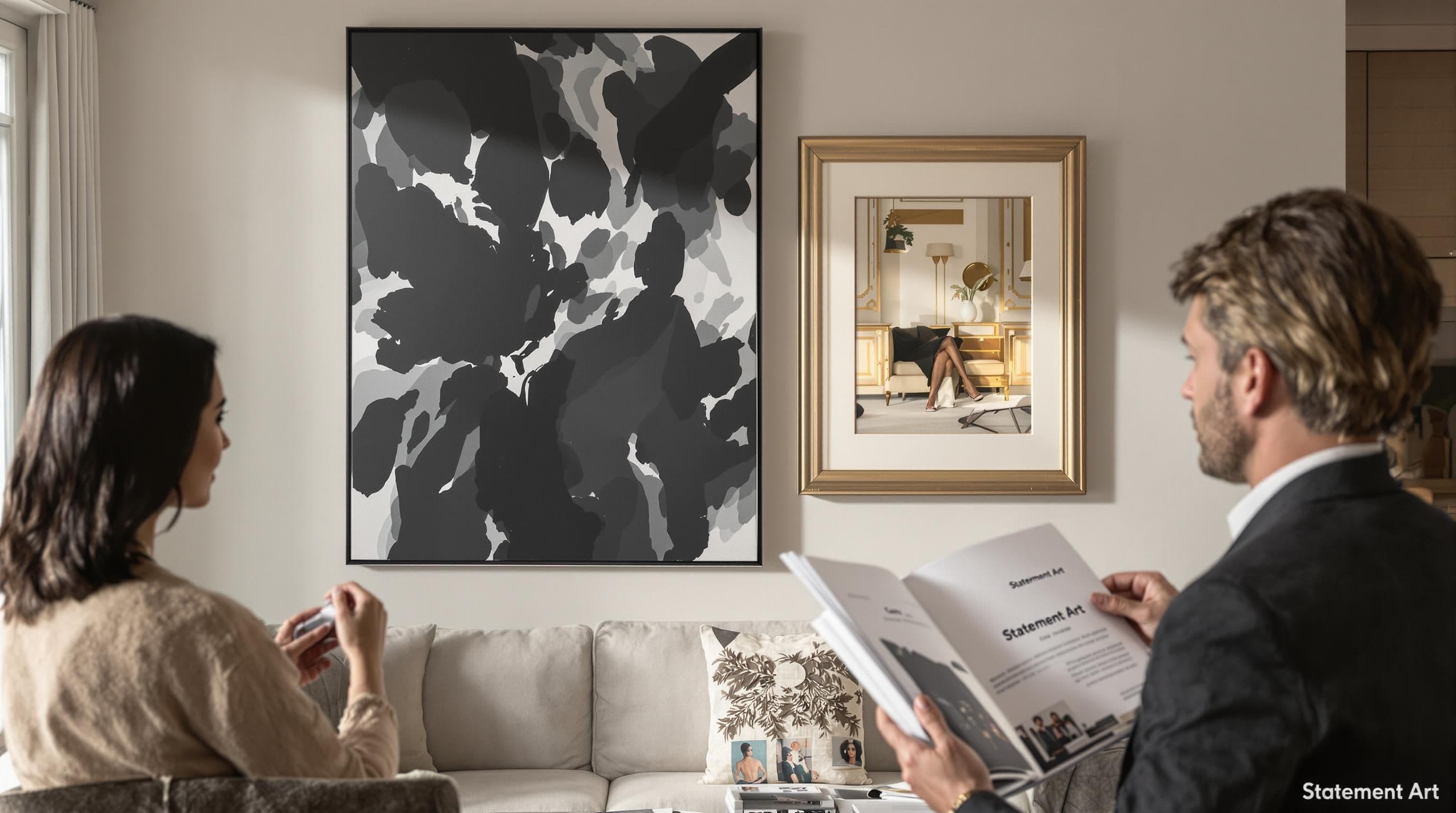 Luxury living room with both canvas and framed prints and two people discussing art