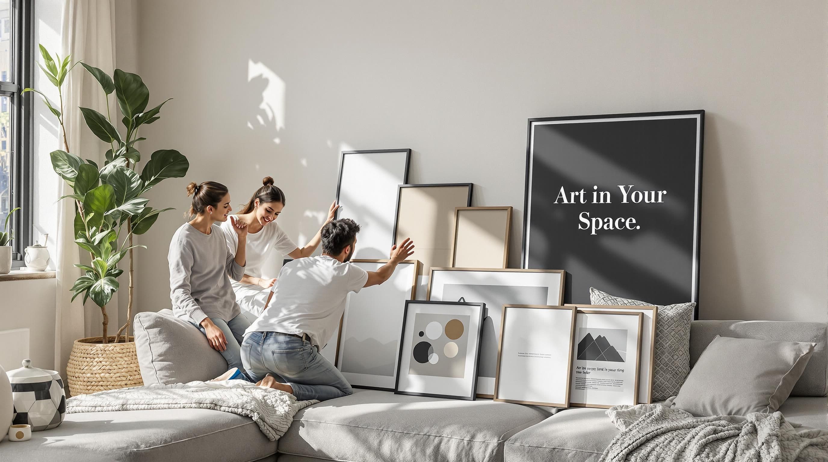 Couple choosing framed art for their modern living room wall