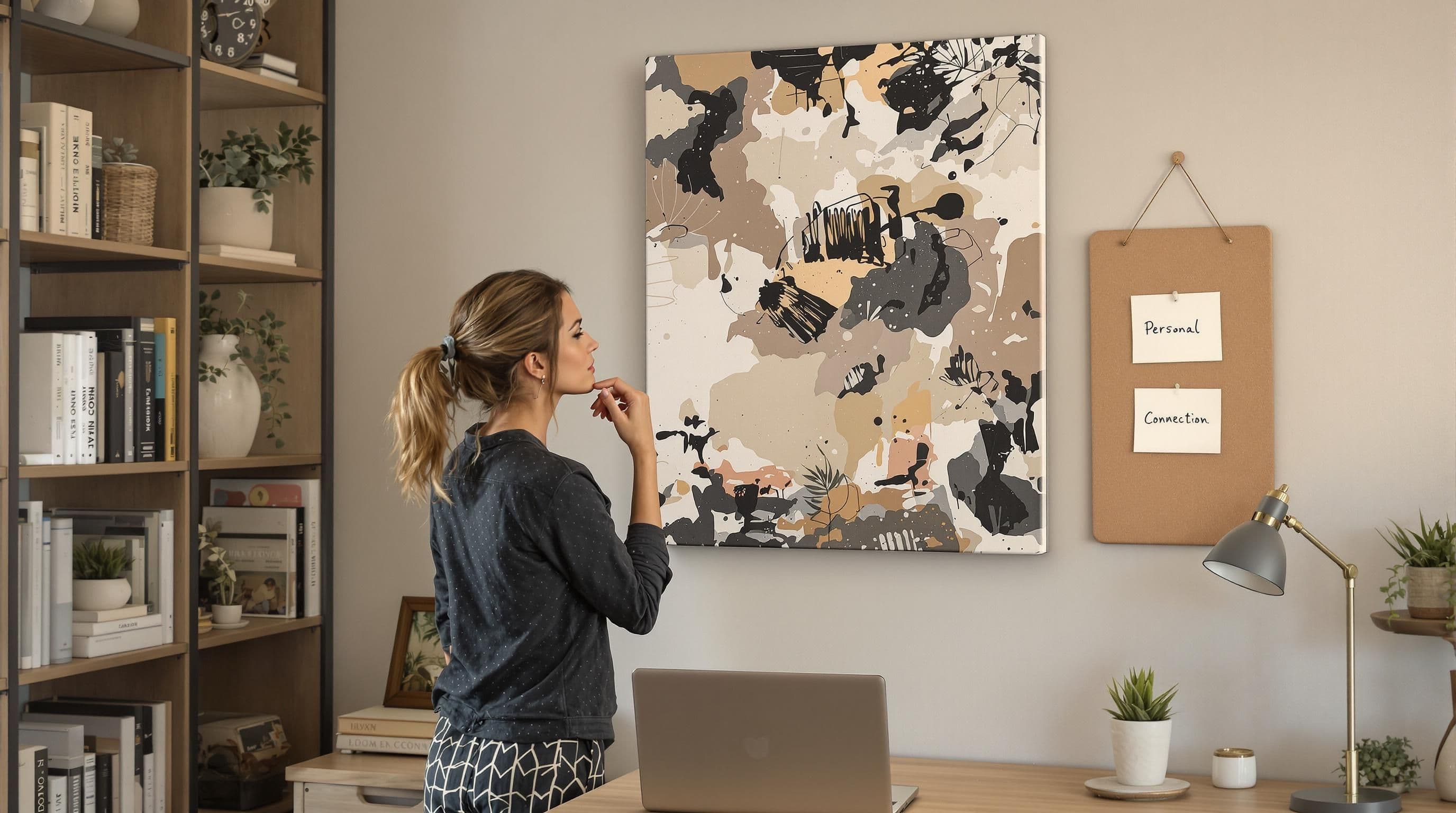Woman reflecting on abstract art in personal study space