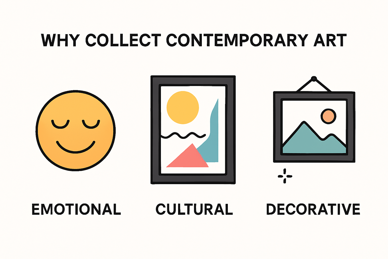 Infographic showing why to collect contemporary art, with statistics and icons.