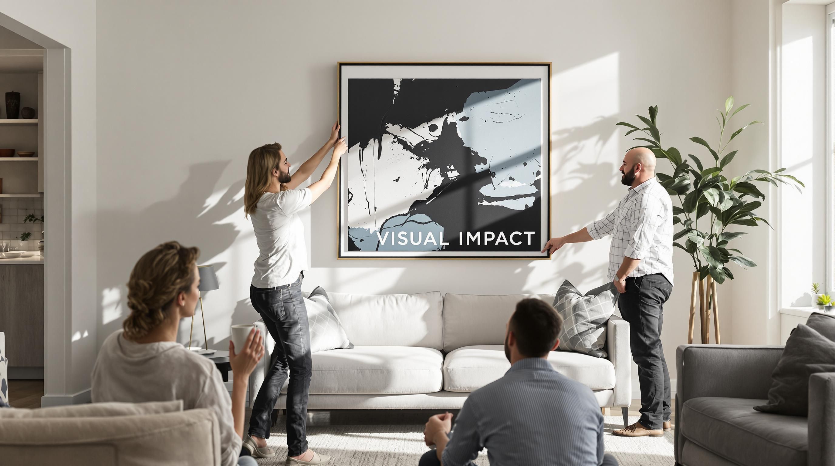 Designer arranging abstract art above sofa in modern home