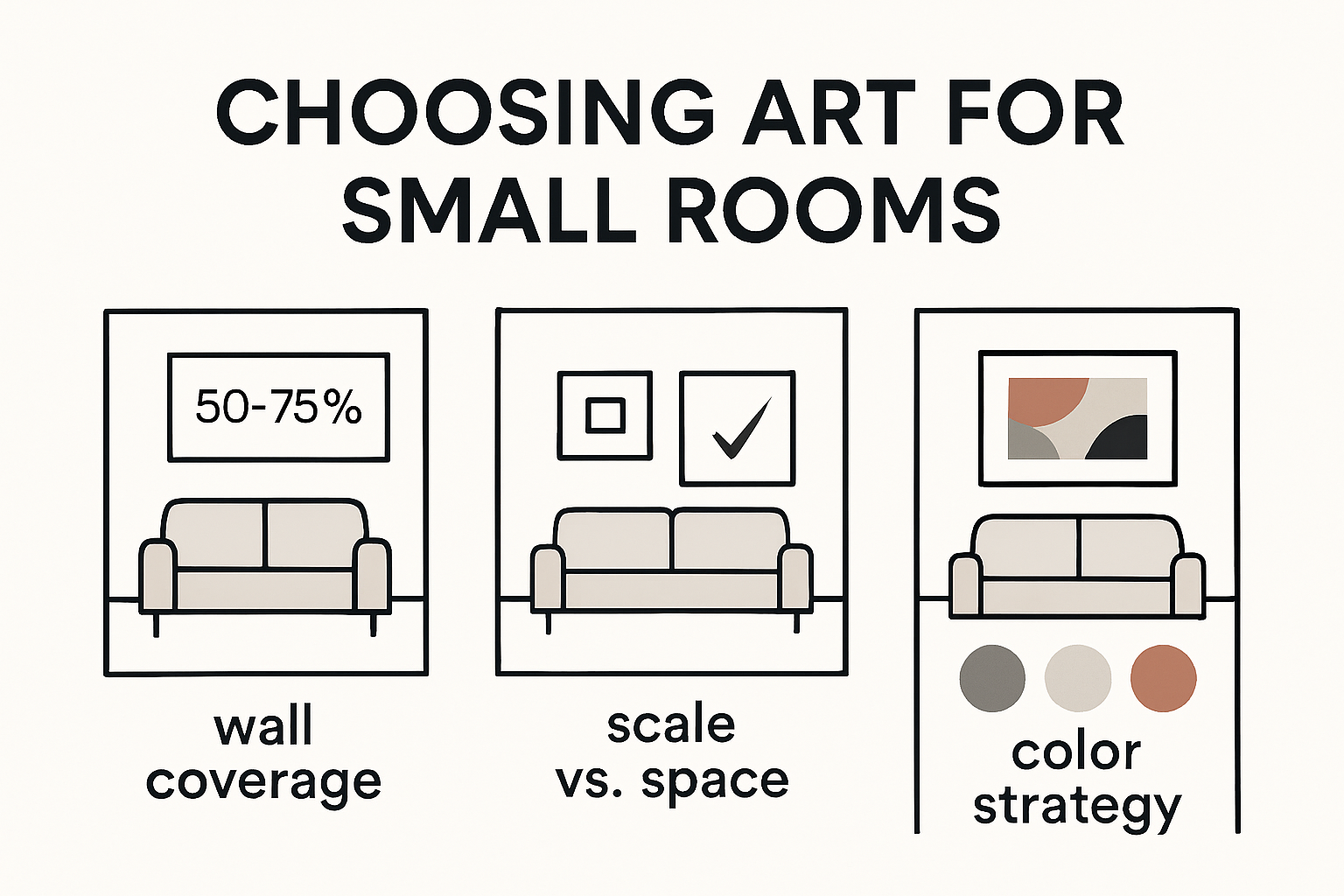 Infographic on choosing art scale, placement, and color for small spaces
