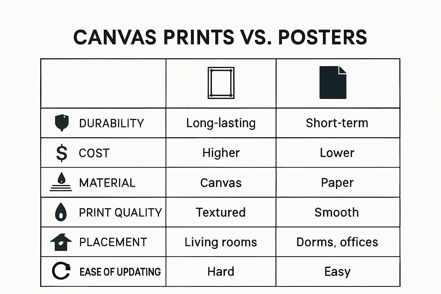 Visual infographic comparing canvas prints and posters on material, cost, durability, and style.